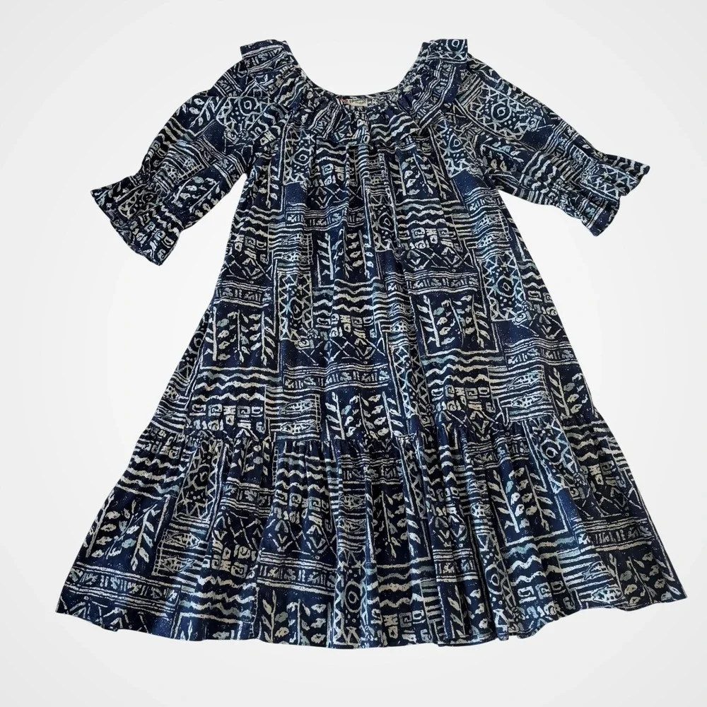 Hilo Hattie Vintage Made‎ in Hawaii Muumuu Dress Blue Tribal Ruffle Midi L NICE